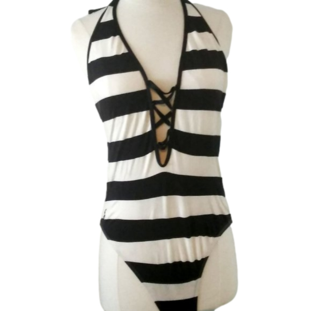 1990s Vintage Sailor Stripes Halter Lowcut Ralph Lauren Bathing/Swimsuit Petites